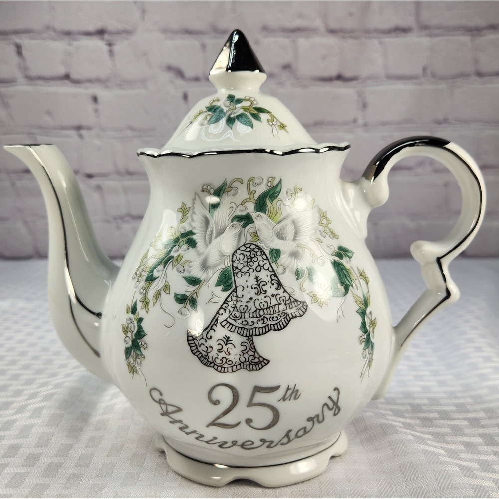 Vintage Lefton China 25th Anniversary Teapot Hand Painted Platinum Trim #1136
